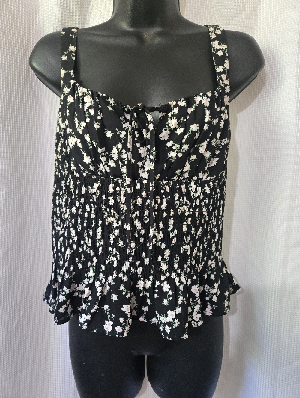 Love Tree Black Floral Smocked Cami with Ruffle Hem